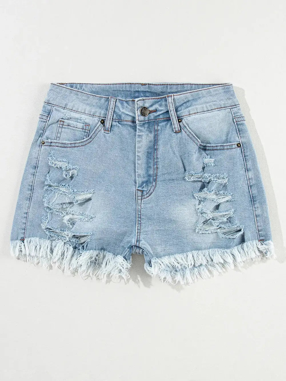 LIGHT BLUE DISTRESSED DENIM SHORTS