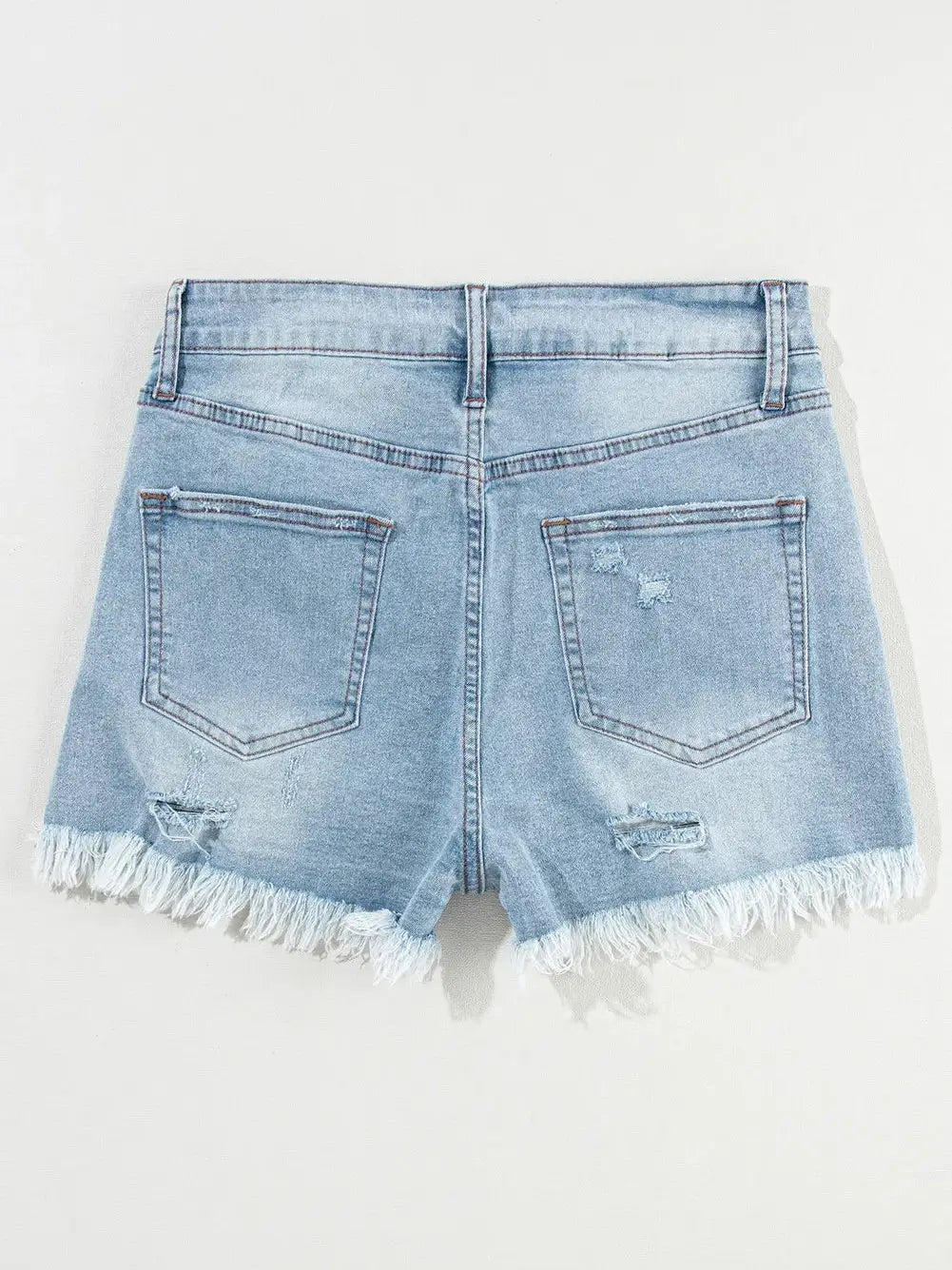 LIGHT BLUE DISTRESSED DENIM SHORTS